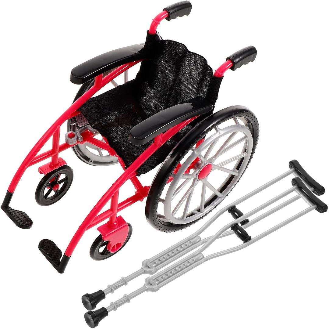 DOITOOL Mini Wheelchair Crutch Props Realistic Doll Wheelchair Figurine Decorative Miniature Crutch Dollhouse Accessory for Playset (red) (Rosy)