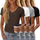4 Pack Girls Short Sleeve Shirts Ribbed V Neck Tops Fitted Kids Soft Basic Tees Summer