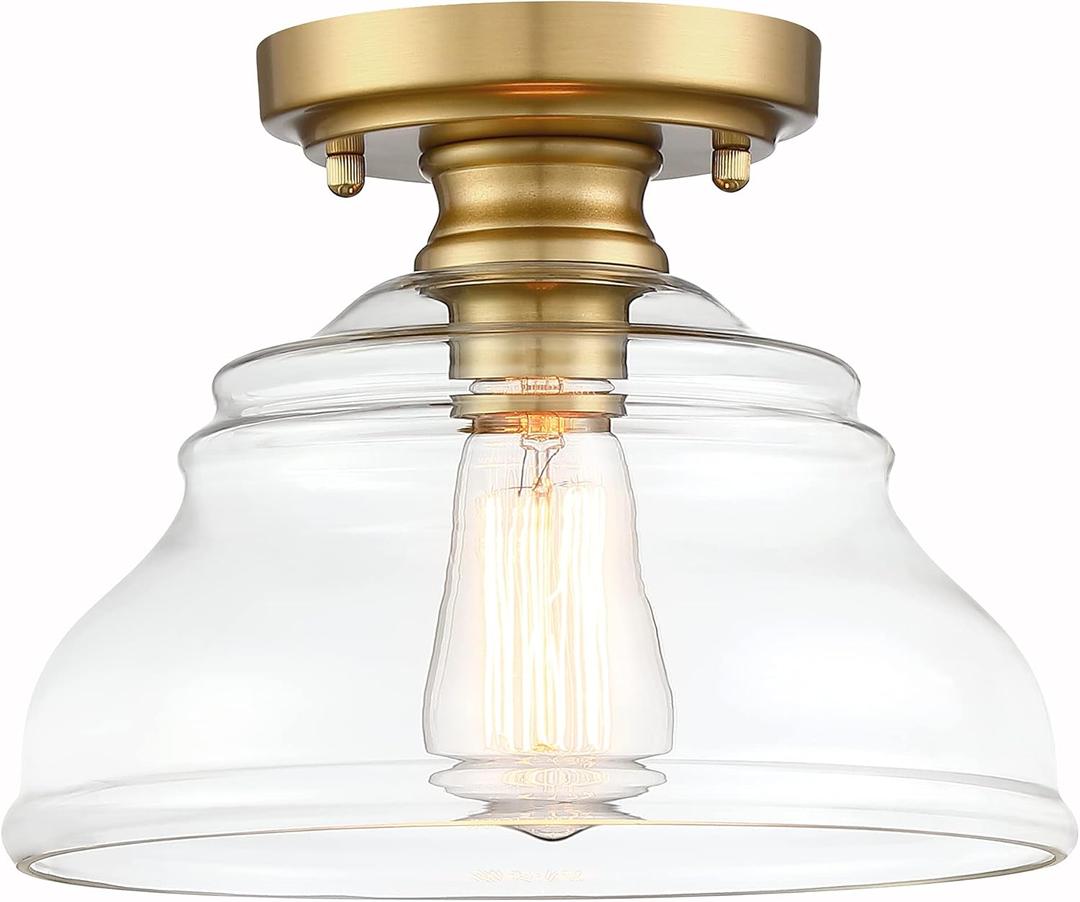 MEXO Industrial Semi Flush Mount Ceiling Light Modern Clear Glass Light Fixture Farmhouse 10" Close to Ceiling Lights in Brushed Gold for Hallway Bedroom, Kitchen Entryway Cafe Bar Porch Dinning Room