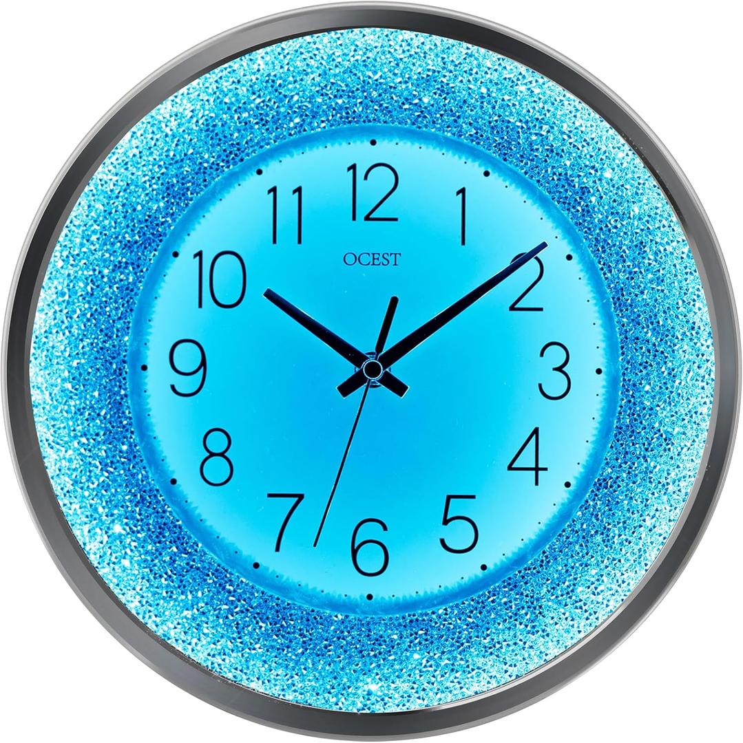 OCEST 12 Inch Wall Clocks Crushed Diamond Night Light, Silent LED Sparkle Glow in The Dark Decorative Large Display Clock for Bedroom, Living Room, Kitchen - Silver