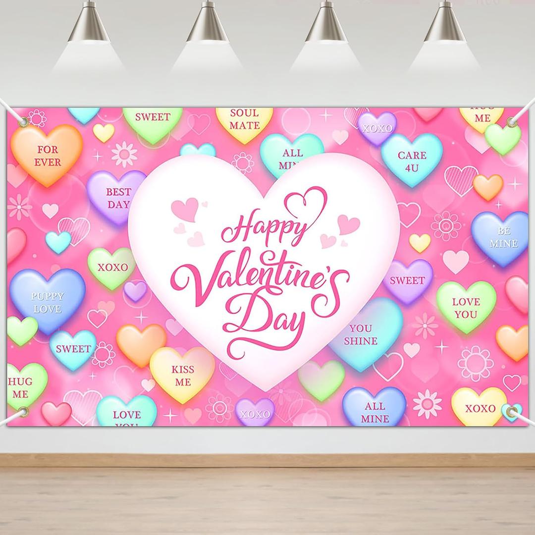 Mocsicka Valentines Day Decorations Banner Pink Sweet Conversation Hearts Valentines Day Backdrop Party Decorations Photo Booth Props (Pink, 6x3.6ft)