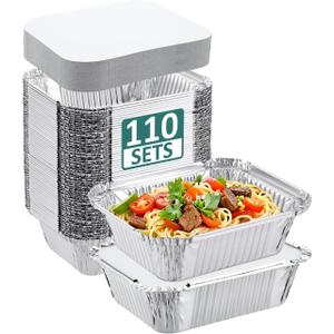 NEEBAKE 110 Pack 5x4 Disposable Small Aluminum Pans with Cardboard Lids - 1lb-Mini-Aluminum-Foil-Pans-Tin-Foil-Takeout-Trays-Food-To-Go-Containers-for-Meal-Prep-Cooking-Roasting-Heating-Baking (White Flat Lids)