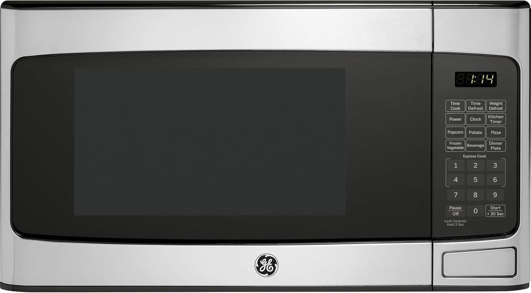 GE Countertop Microwave Oven, Compact 1.1 Cubic Ft., 950-watt Capacity, 6 Auto Cooking Settings, Child-Lock Technology, Kitchen Essentials for The Countertop, Dorm Room or Apartment, Stainless Steel
