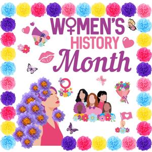 MotiMind 91 Pcs Womens History Month Bulletin Board Decorations for Classroom, International Women's Day Banner Backdrop with Paper Blooms for School Chalkboard Wall Party March 8th Decorations