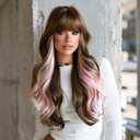 7JHH WIGS 28IN Brown Ombre Pink Long Wavy Bangs Wigs Natural Mixed Two Tone Heat Resistant Synthetic Fiber Women Curly Wigs for Christmas Daily Party Daily Used