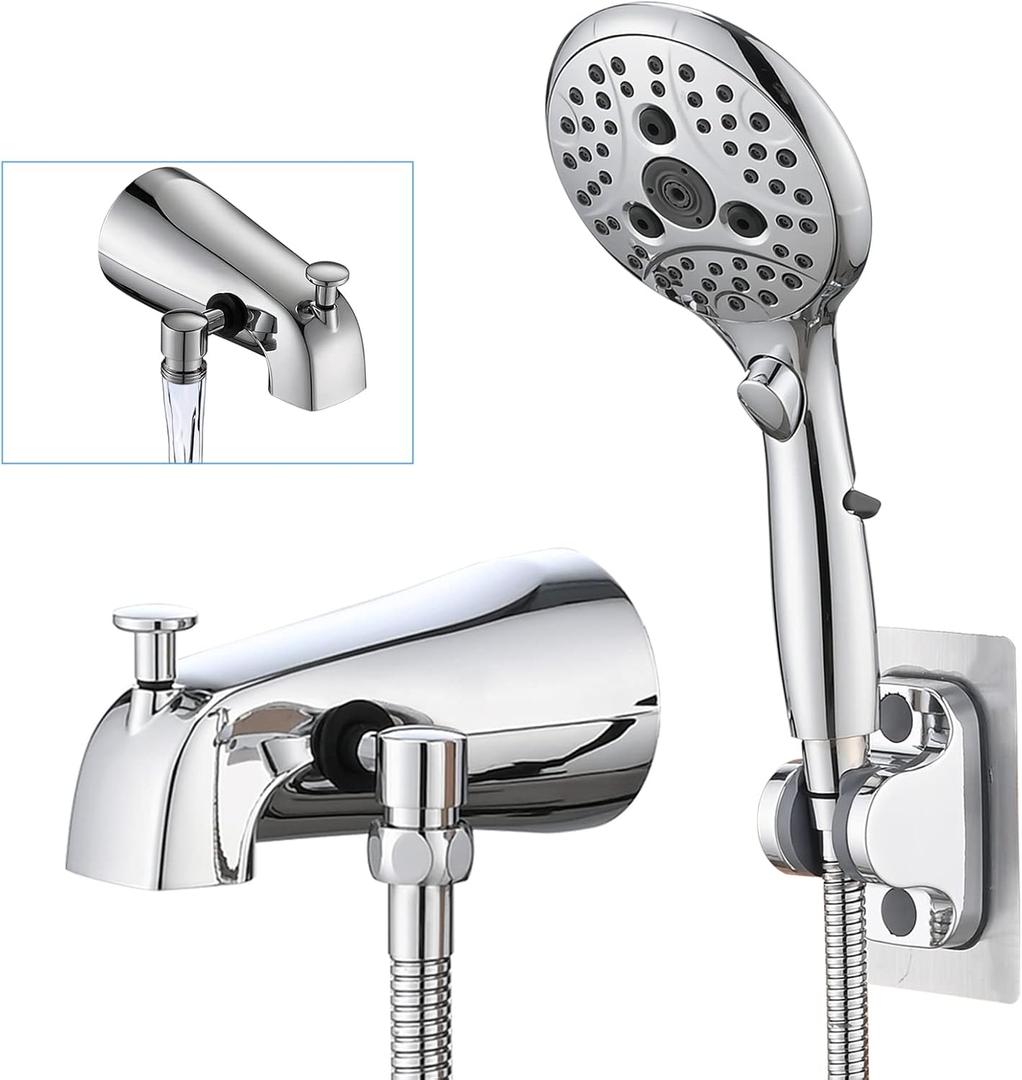 PROOX All Metal Tub Spout with Diverter, 6 Settings Hand held Shower with ON/Off Pause Switch, Bathtub Faucet with Sprayer Chrome