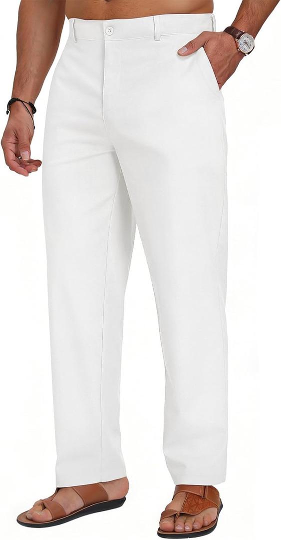 Puimentiua Mens Cotton Linen Pants Business Casual Mens Dress Pants Summer Beach Loose Relaxed Fit Trousers, White XL