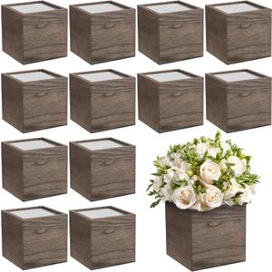 Suzile 12 Set 5 Inch Wooden Planter Box Flower Square vases for Centerpiece Rustic Cube Planter Box with Removable Foam Blocks Liner Square Vase Craft for Garden Home (Brown)