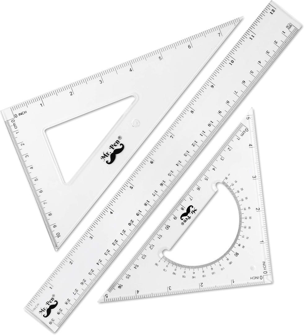 3 x Mr. Pen Triangle Ruler, Protractor, Math Set - 3 Pack, Square Ruler, Protractor for Geometry
