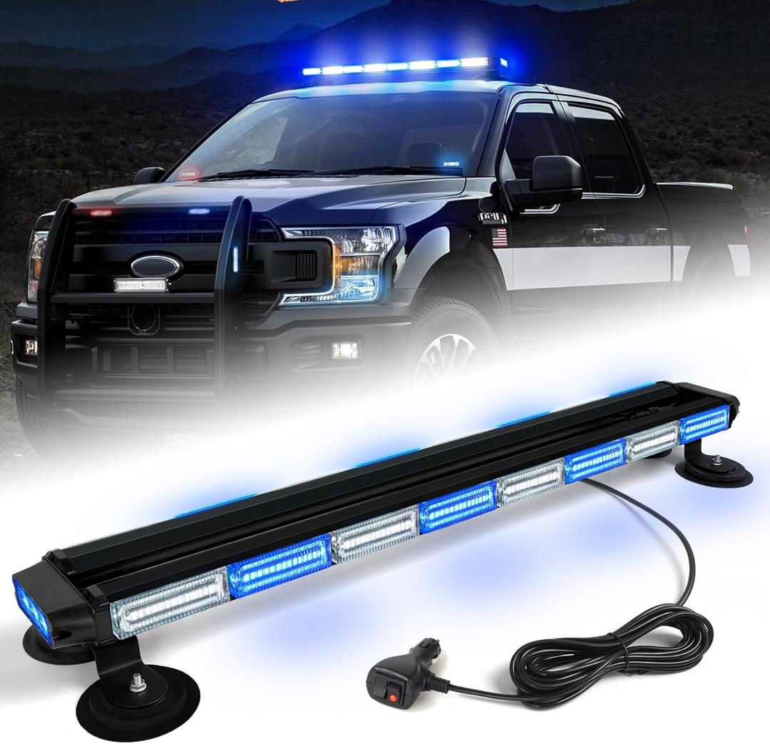 34inch 166 LED Emergency Rooftop Strobe Lights Bar Flashing Safety Traffic Advisor Warning Hazard Snow Plow Light W/Magnet Base for Work Trucks Vehicles Construction Tow Pickup Blue White