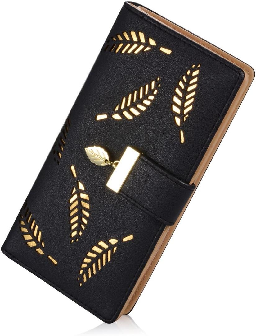 Sweet Cute Chocolate Women's Long Leaf Bifold Wallet Leather Card Holder Purse Zipper Buckle Elegant Clutch Wallet Handbag for Women - Black