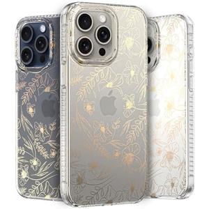 LONLI Hue Case for iPhone 15 Pro - [360° Shock-Absorbent Bumper] - [Cute and Unique Phone Cover for Girls and Women] - Gold Floral