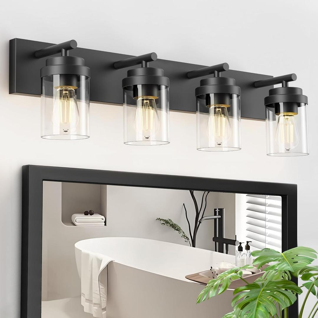 IZORRO Bathroom Vanity Light Fixture, 4-Light 30 Inch Matte Black Bathroom Light Fixtures Over Mirror, with Clear Glass Shade, Modern Farmhouse Vanity Lights, Rustic Restroom Lighting Fixtures Black-Clear Glass Shade, 30 inch-4-Light