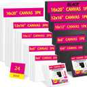 24-Pack Stretched Canvas for Painting, 6 Sizes 4"x4" to 16"x20" Canvas, 12 oz Double Primed 100% Cotton Black Canvas, Reinforced Wood Frame, Perfect for Oil, Acrylic & Mixed Media Artists