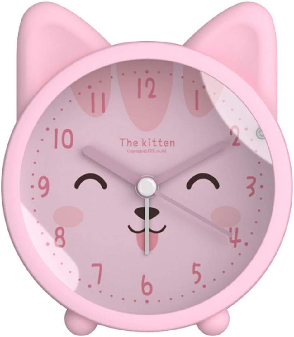Children Cute Animal Dog/Cat Alarm Clock Silent Non Ticking Silicone Clock Night Light Travel Clock (Pink)