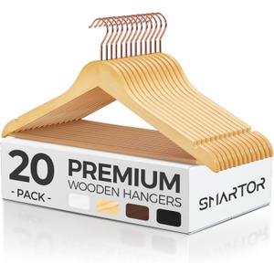 Smartor Wooden Hangers 20 Pack, Solid Wood Coat Hanger for Closet, Heavy Duty Wood Hangers for Suits, Shirts, Dresses, with 360 Rose Gold Hook, Non Slip Pant Bar, Natural