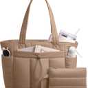 TOPDesign Puffy Tote Bag for Women with Cup Holder & Laptop Compartment & Cosmetic Bag & Trolley Sleeve for Work, Travel (Medium, Khaki)