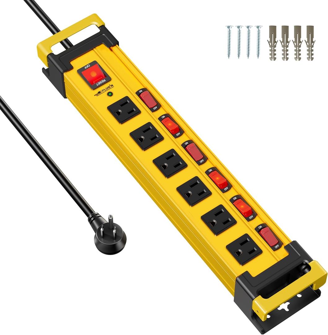 6 Outlet Heavy Duty 2700J Power Strip Surge Protector with Individual Switches Metal Mountable Power Strip with Flat Plug and Cord Manager, 6FT Long Extension Cord for Workshop, Workbench and Garage