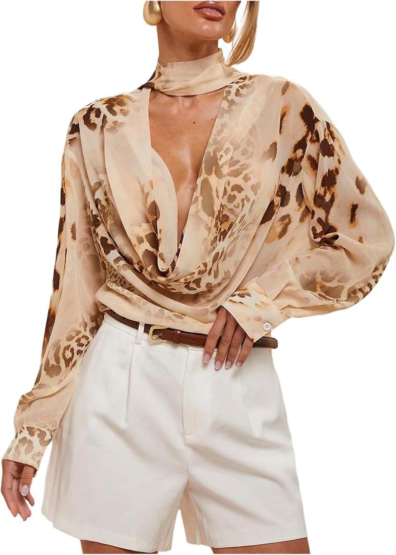 Floerns Women's Leopard Mesh Cowl Neck Blouses Long Sleeve Draped Deep V Neck Going Out Tops (Medium, Apricot Multi)