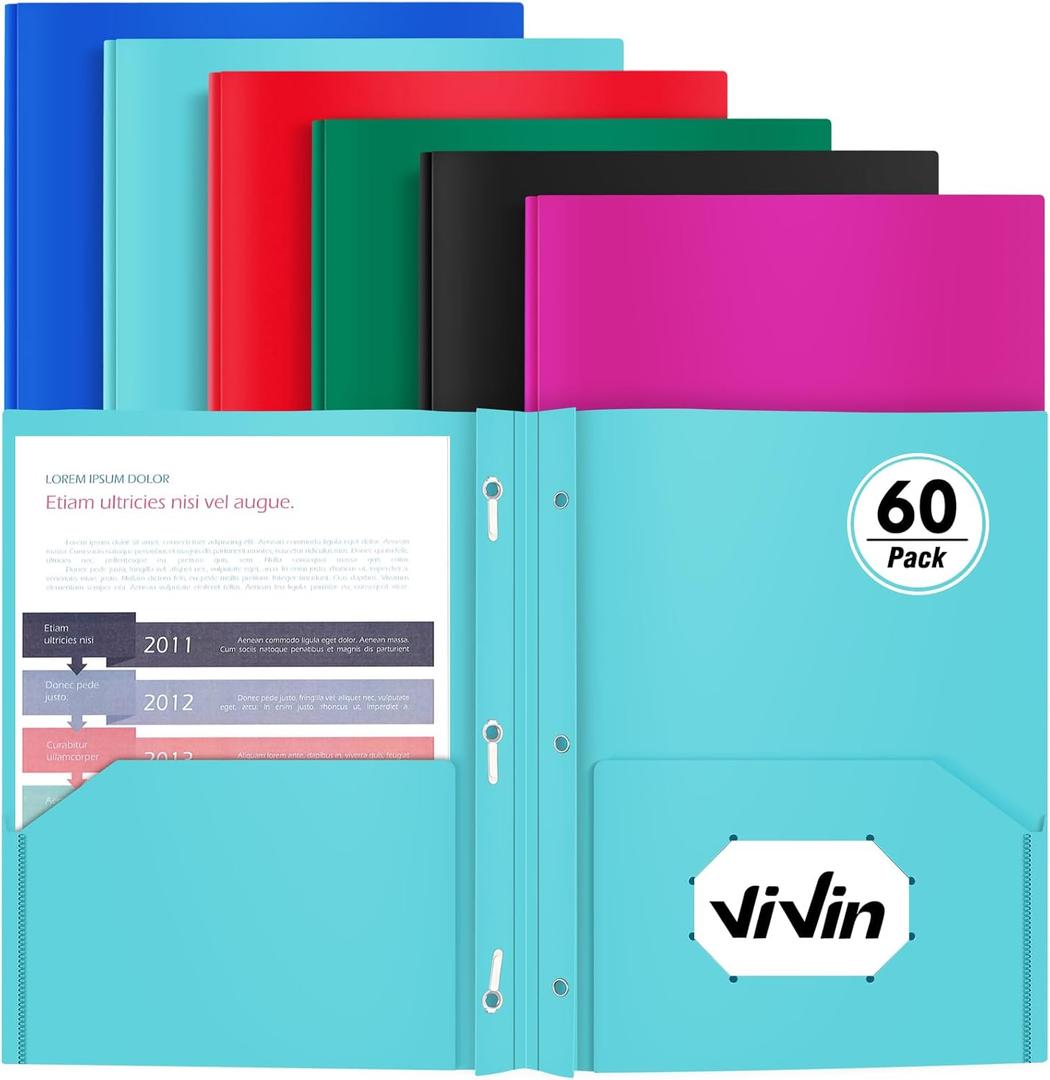 Heavy Duty Plastic Folder, 60 Pack, Pocket Folder with brads, Letter Size Poly File, Plastic Folders with 3 Prongs Fasteners - Assorted Color