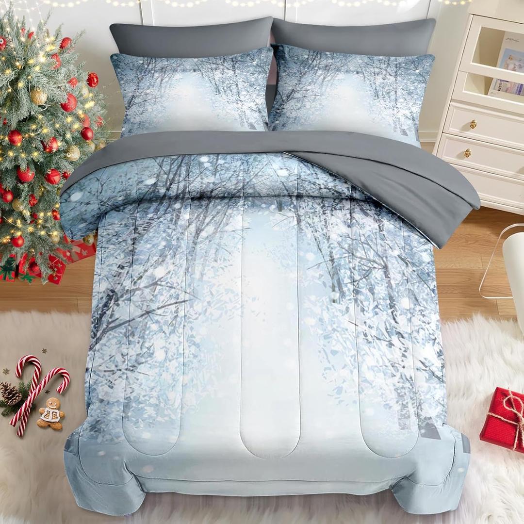 Nesker 7 Pcs Christmas Comforter Set Queen Size, Winter Forest Wonderland Bedding Set for Kids and Adults, Glitter Forest Sheets Bed Sheet Sets with Fitted Sheet 2 Pillowcases & 2 Shams