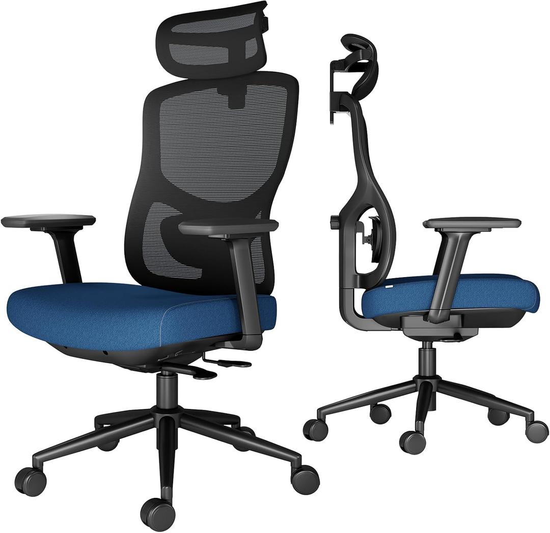 Ergonomic Office Chair with Breathable Mesh Back & Thick Cushion Seat, 4D Armrests, 3D Headrest, Adjustable Lumbar Support & Seat Depth, High Back Desk Chair with Tilt Lock (Blue), Large