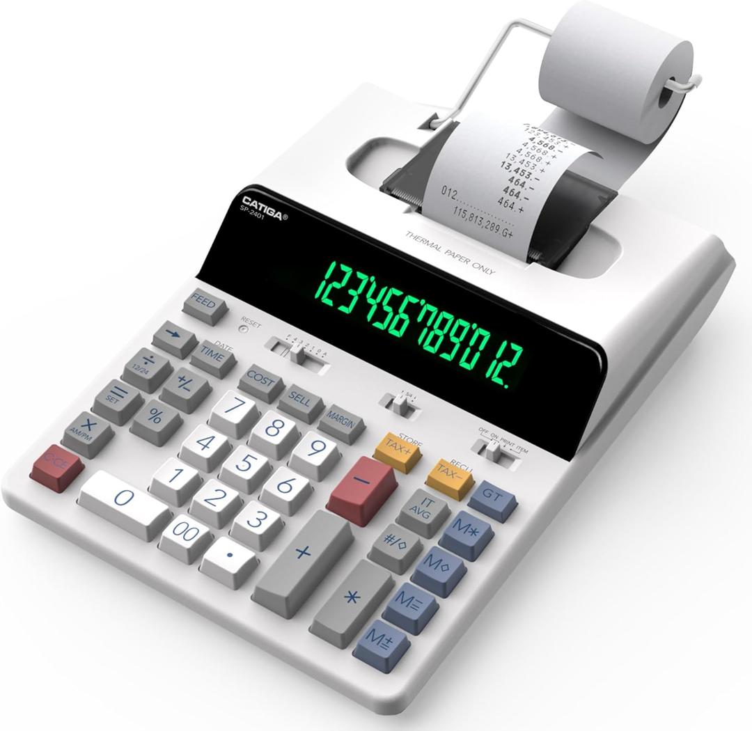 CATIGA 12 Digit Thermal Printing Calculator with Tape Print Out, Ink-Free Adding Machine, 5X Faster Quite at 8.0 LPS, Extra Large Fluorescent Display, Tax Calculation with Clock and Calendar, SP-2401 (White)