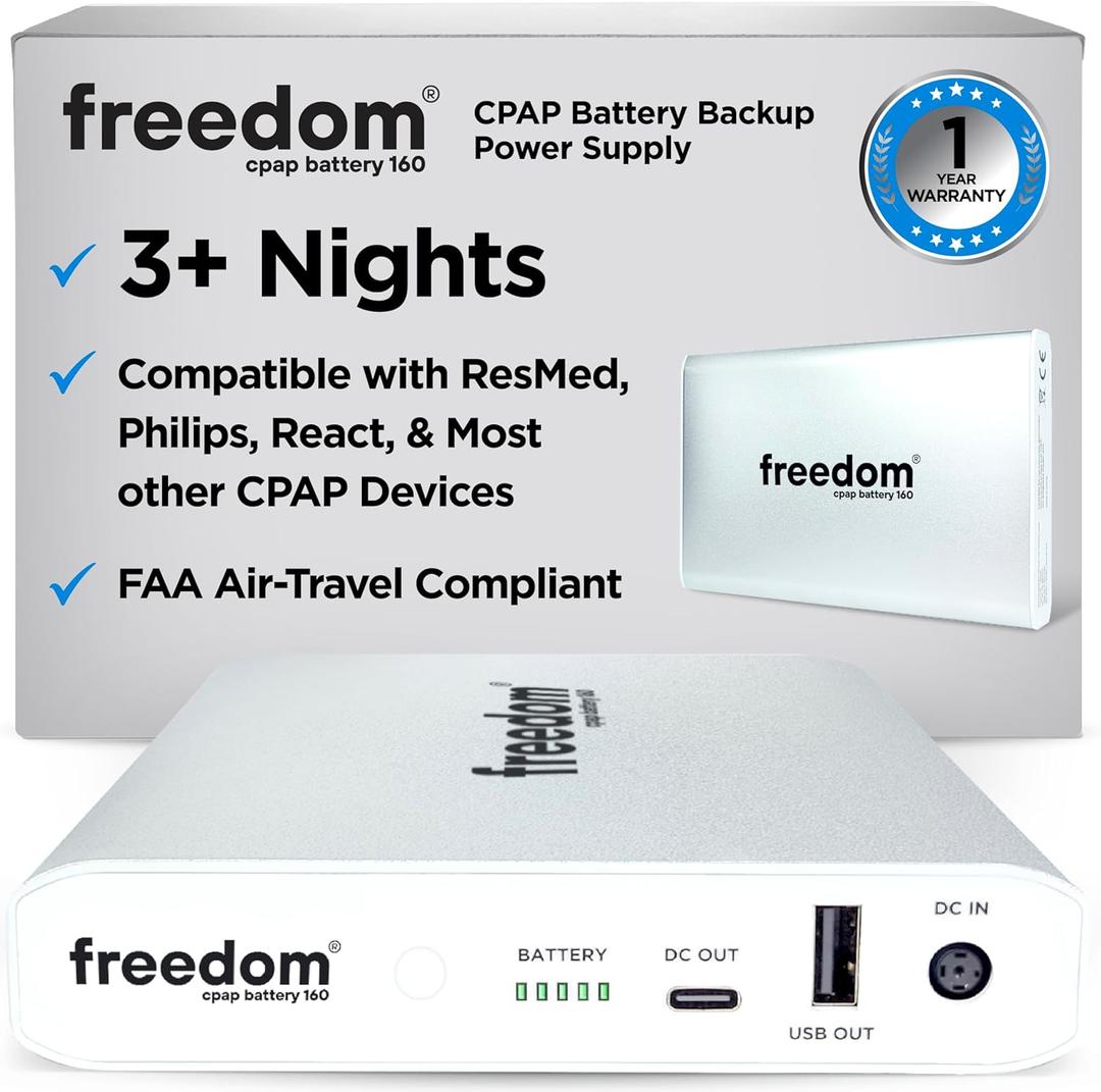 Freedom CPAP Battery Backup Power Supply, 160 Watt Hour, for Camping, Airline Travel & Power Outages (White)
