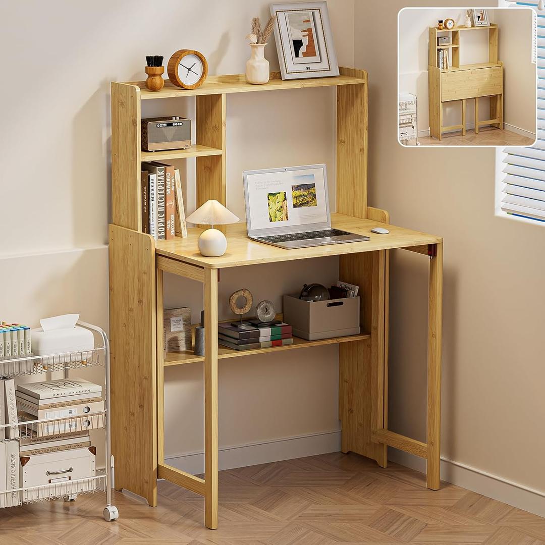Bamboo Folding Desk for Small Spaces with Storage, Mid Century Foldable Desk with Bookshelf, Small Desks with Storage for Home Office Bedroom, Natural
