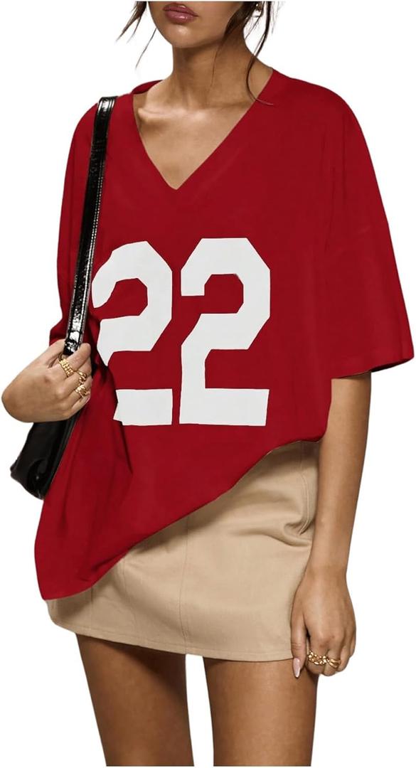 SOLY HUX 2024 Jersey Shirts for Women Number Graphic T Shirt V Neck Half Sleeve Oversized Tees Summer Streetwear Tops Red Letter Large