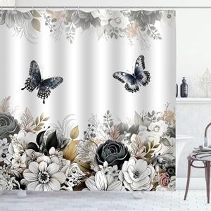 Black White Floral Shower Curtain, Flower Butterfly Shower Curtains for Bathroom Grey Floral Leaf Waterproof Fabric Bathroom Curtains 72x72 Inch with 12 Plastic Hooks
