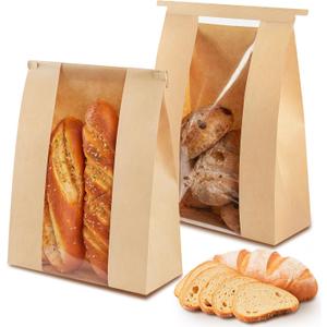 100 PCS Large Paper Bread Bags, 13.7 x 8.2 x 3.5 Inches Bakery Bags with Window, Homemade Bread Loaf Bags with Tin Tie Tab Lock and Seal Stickers