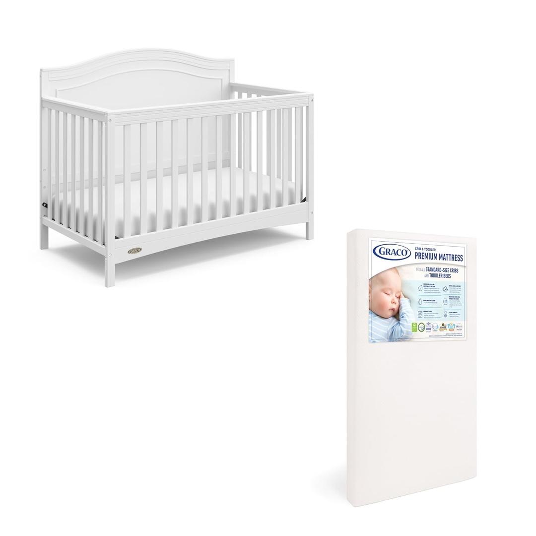 Graco Paris Convertible Crib and Mattress Nursery Essentials Pack, White | GREENGUARD Gold Certified Baby Crib & Crib Mattress, Cribs with Mattress Included, Convertible Crib, Baby Mattresses for Crib