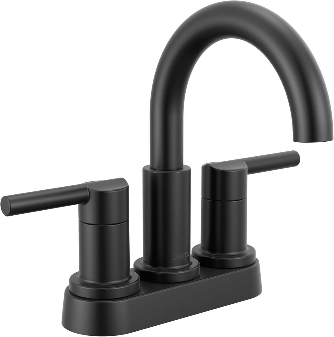 Delta Nicoli Centerset Matte Black Bathroom Faucet, 4 Inch 3 Hole Bathroom Sink Faucet for Vanity, Push-Pop Drain Assembly, Matte Black 25749LF-BL