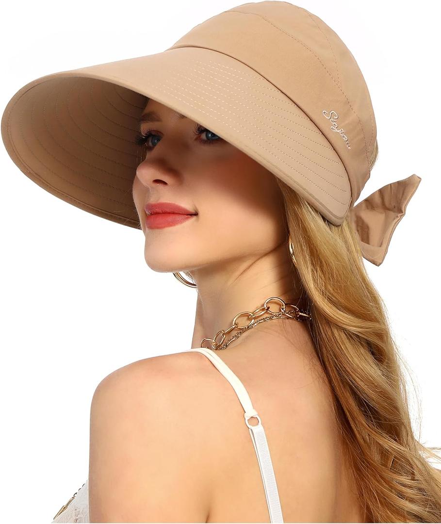 Sun Hats for Womens Wide Brim Visor UV Protection Hat for Beach Summer Packable Cap (One Size, Khaki)