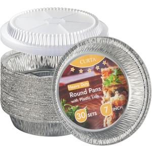 CURTA 7" Round Aluminum Foil Pans with Clear Lids | Heavy Duty | Great for Broiling, Baking, Storage, Roasting, Takeout, Air Fryer | 30 Pack