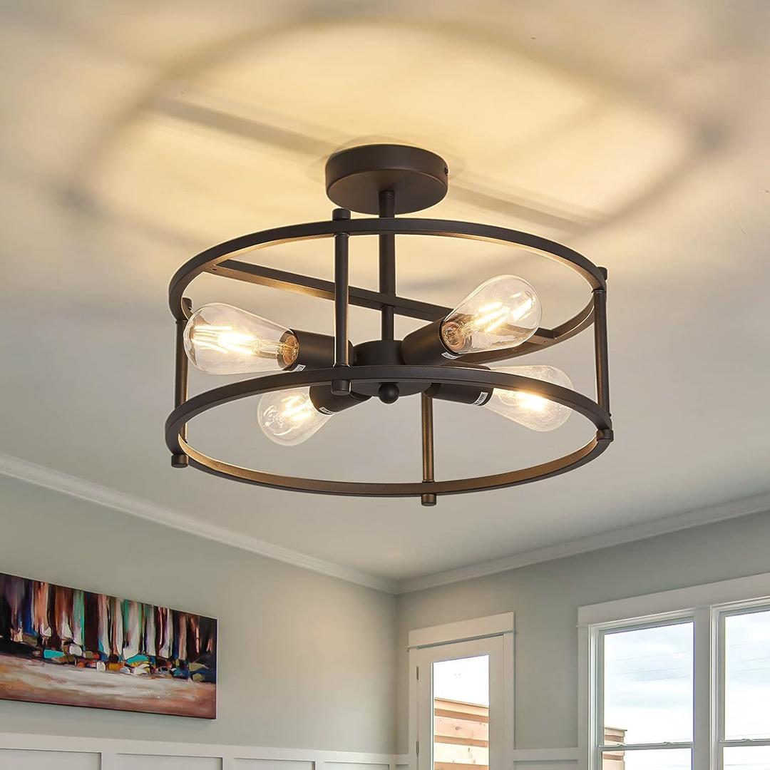 hesoge Industrial Semi Flush Mount Ceiling Light,4 Light Rustic Metal Ceiling Light Fixture,Black Farmhouse Chandelier for Kitchen Island Dining Room Hallway Entryway Bedroom Living Room.