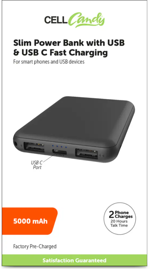 CELLcandy® USB & USB C Fast Charging Slim Power Bank