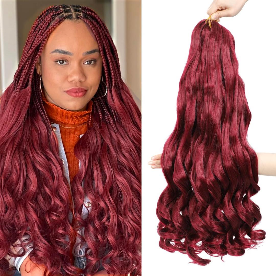 WIPPORYA Burgundy French Curl Braiding Hair 24 Inch Soft Braiding Hair Pre Stretched Loose Wave Bouncy 100g/pack Yaki Hair for Black Women Hair Extensions for Braids(Burgundy 24 Inch)