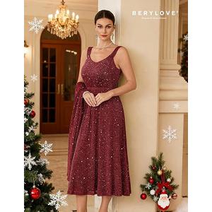 BeryLove Sequin Christmas Formal Wedding Guest Mother of The Bride Dress Evening Dress, L