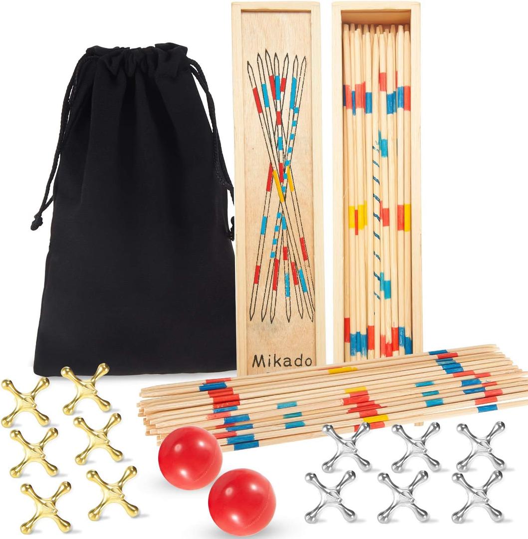 Sumind 84 Pcs Jacks Game and Pick up Sticks Include 62 Pcs Sticks 2 Pack Red Rubber Balls 20 Pack Gold and Silver Metal Jacks Classic Game for Kids Adults Family Party