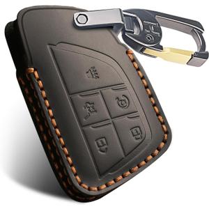 Genuine Leather Key Fob Cover for Chevy, Smart Fob Cover Case Compatible with 2021/2022/2023/2024/2025 GMC Yukon Denali Sierra Chevrolet Tahoe Suburban Silverado Buick (Black, 5 Button)