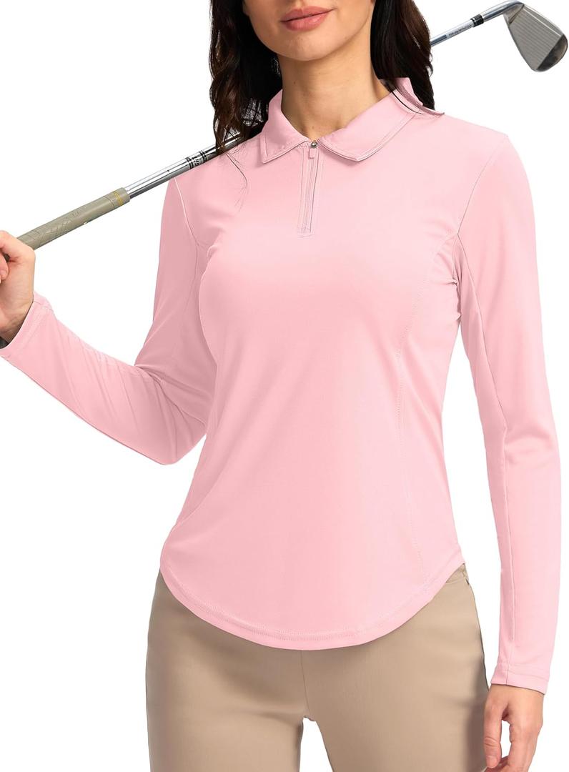 Women's Golf Shirts Lightweight UPF 50+ Long Sleeve Shirts UV Protection Quick Dry Cool Polo Shirts for Women Work Outdoor (Pink, S)