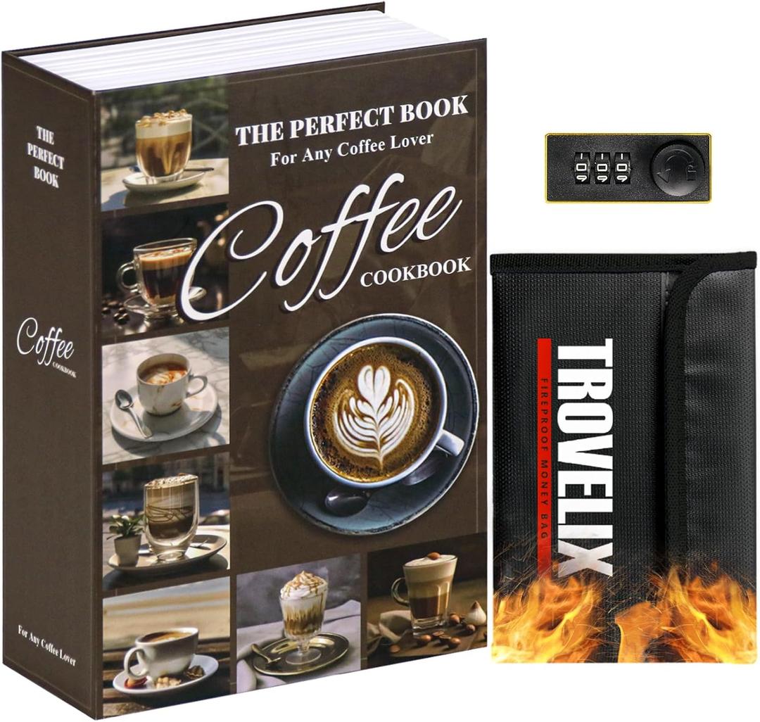 Book Safe with Combination Lock, Hidden Safe (9.5 x 6.2 x 2.2 Inch) with Fireproof Bag, Secret Diversion Safe, Hollow Book Box Hidden Storage, Money Safe Box for Cash (COFFEE) (Large)