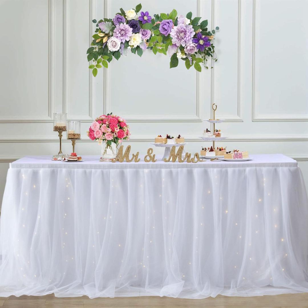 Albassa White Tulle Table Skirt for Rectangle or Round Tables 6ft Tutu Table Skirt with LED Light Baby Shower Tablecloth for Birthday Party Cake Dessert Table Decorations (White, L6(ft)*H 30in)