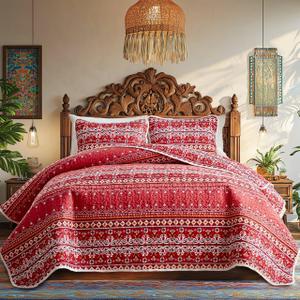 3 Pieces Bohemian Quilt Sets Queen Size, Red Striped Boho Tribal Geometric Printed Bedspread with Shams Soft Lightweight for All Season (Queen/Full, 88x88 inches)