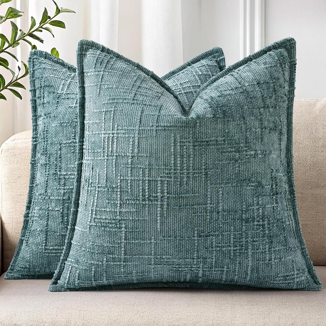 decorUhome Chenille Throw Pillow Covers 18x18 Set of 2, Thick Textured Slubby Neutral Decorative Pillow Covers with Elegant Design for Couch, Sofa, Living Room, Teal