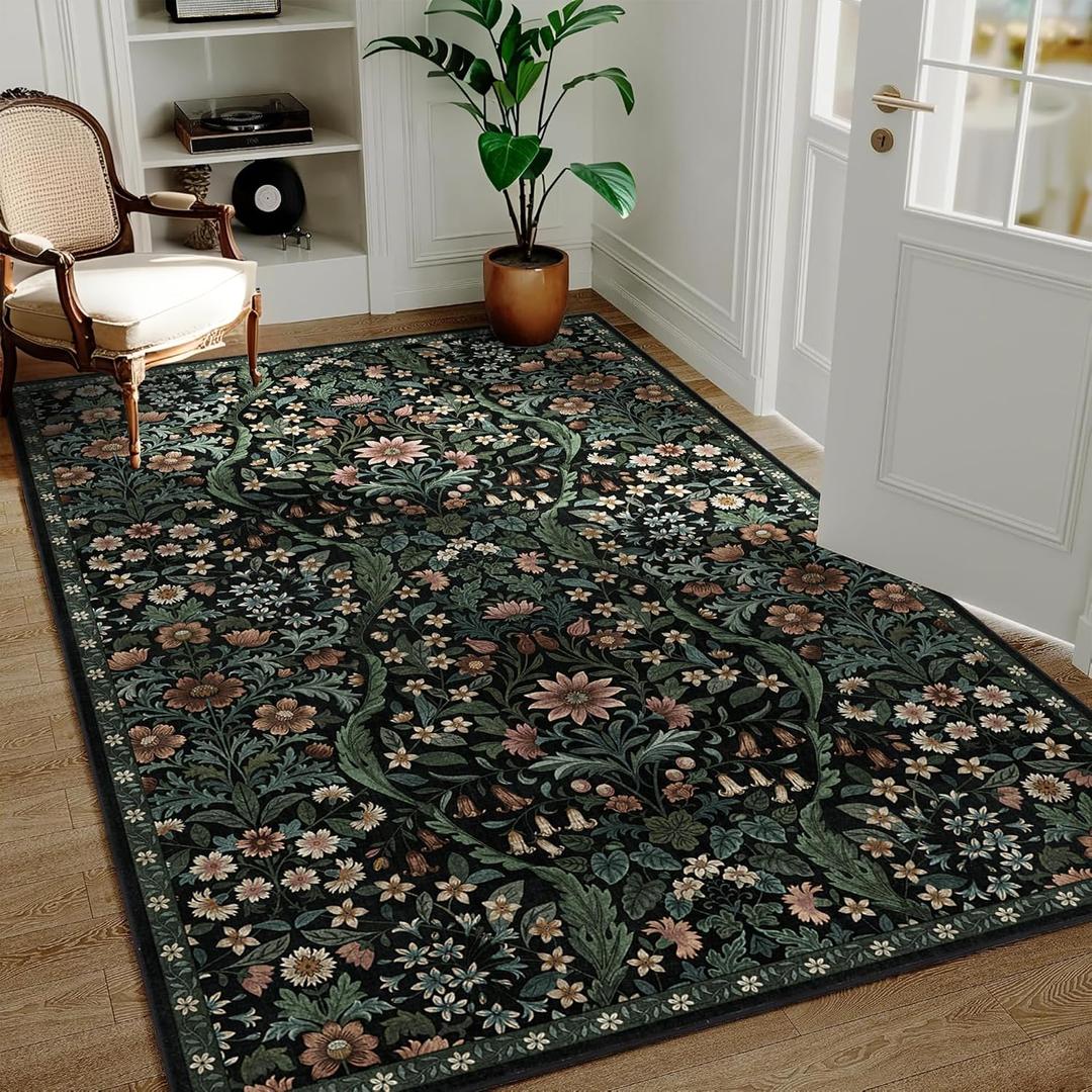4x6 Black Floral Boho Area Rug,Low-Pile Stain Resistant Non-Slip Machine Washable Carpet for Living Room,Bedroom, Kitchen,Entryway,Dining Room, Nursery