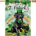 Happy St Patricks Day Black Labrador Dog Decorative House Flag, Pet Lucky Shamrock Clover Garden Yard Outside Decorations, Irish Spring Burlap Outdoor Large Home Decor Double Sided 28 x 40