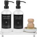 [Luxury] Kitchen Soap Dispenser Set - 16OZ White Glass Bottle, Stainless Steel Pump, Instant Dry Tray, Waterproof Labels, Non-Slip Silicone Pad, and Dish Brush | Upgrade for Your Kitchen and Bathroom